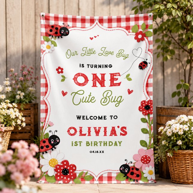 Lona Cumpleaños de uno Cute Bug Floral Ladybug (One Cute Bug Floral Ladybug 1st Birthday party Banner
)