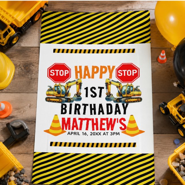 Lona Cumpleaños del camión de volteo de construcción 1e (Construction Dump Truck 1st Birthday Party Banner)