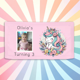 Lona Cumpleaños del Chica de Unicornio Rosa Personaliza