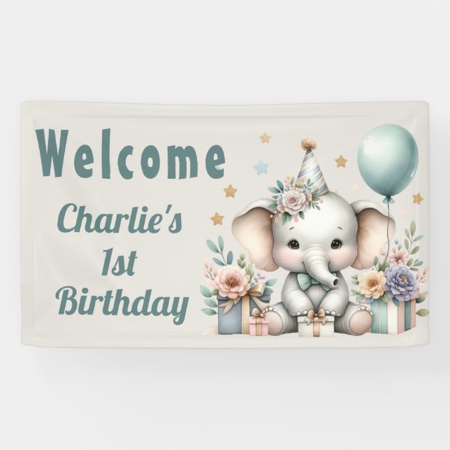 Lona Cumpleaños del elefante bebé 1er año (Horizontal)