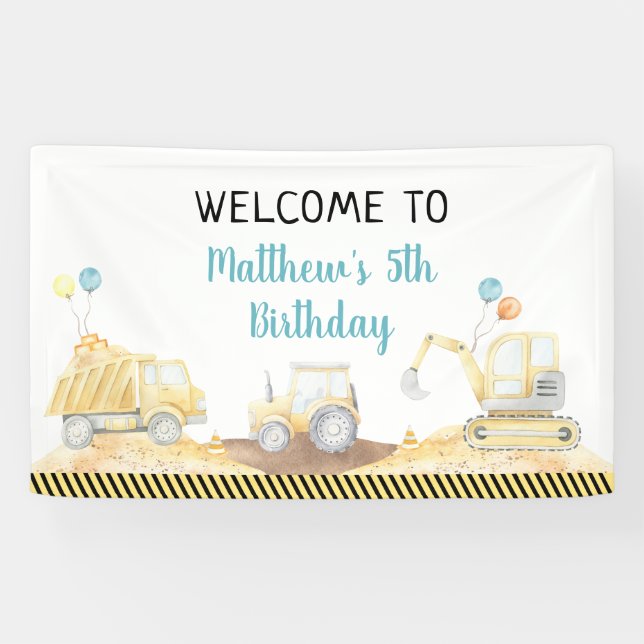 Lona Cumpleaños del excavador del camión de la construc (Horizontal)