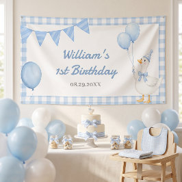 Lona Cumpleaños del niño de gingham azul Silly Goose