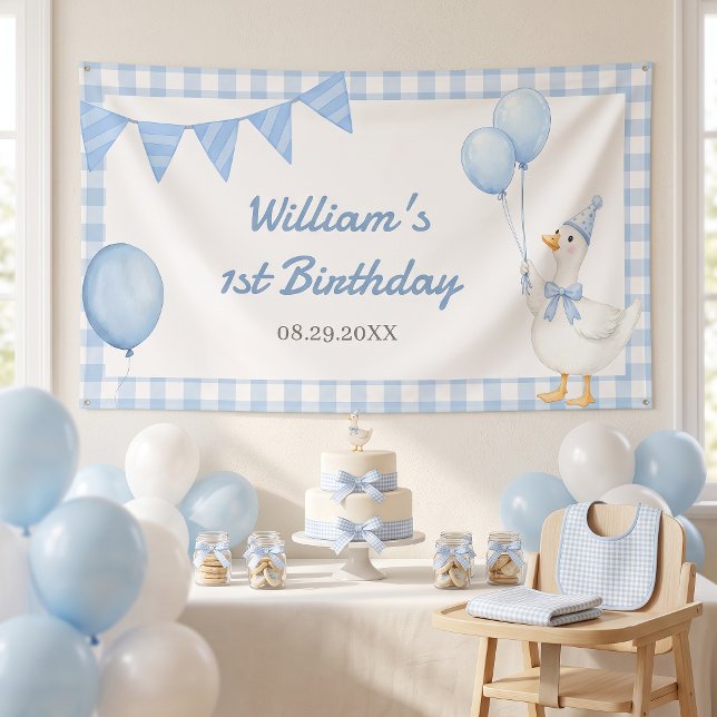 Lona Cumpleaños del niño de gingham azul Silly Goose (Subido por el creador)