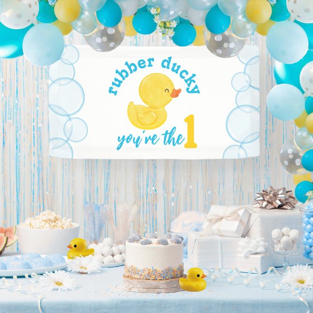 Lona Cumpleaños del Pato de Goma 1 (Watercolor Rubber Ducky 1st Birthday Party Banner : Rubber Ducky You're the One)