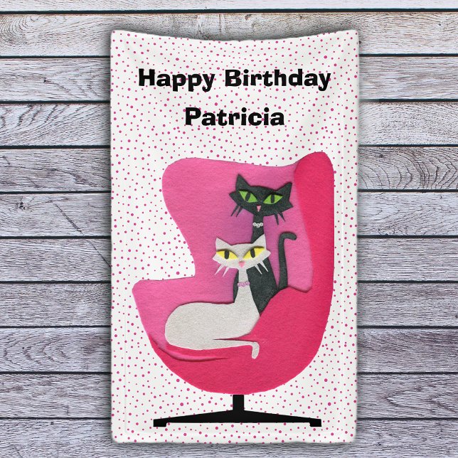 Lona Cumpleaños Elegante Gatos De Mediano Siglo Pink Ch (Pretty black and white cats in min century pink chair polka dots on white Happy Birthday banner.)
