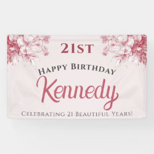 Lona Cumpleaños Feliz 21 Personalizado Floral Rosa Eleg