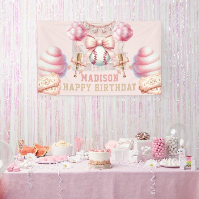 Lona Cumpleaños Feliz Béisbol Rosa (Fiesta)