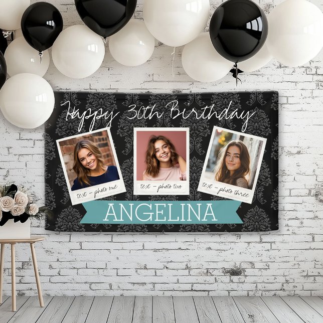 Lona Cumpleaños feliz con 3 fotos - puede editar el col (Custom Birthday Banner)