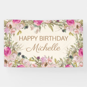 Lona Cumpleaños Feliz con Floral de Acuarela Rosa