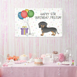 Lona Cumpleaños Feliz Dachshund Pelo Corto Negro y Cane