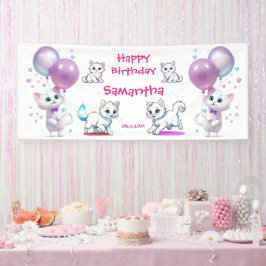 Lona Cumpleaños Feliz de Adorable Gatito y Globo Niño
