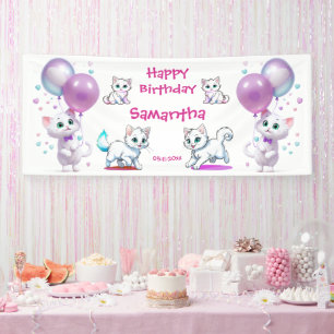 Lona Cumpleaños Feliz de Adorable Gatito y Globo Niño