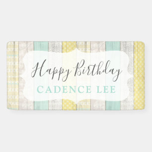 Lona Cumpleaños Feliz de Madera Rústica Amarilla y Ment