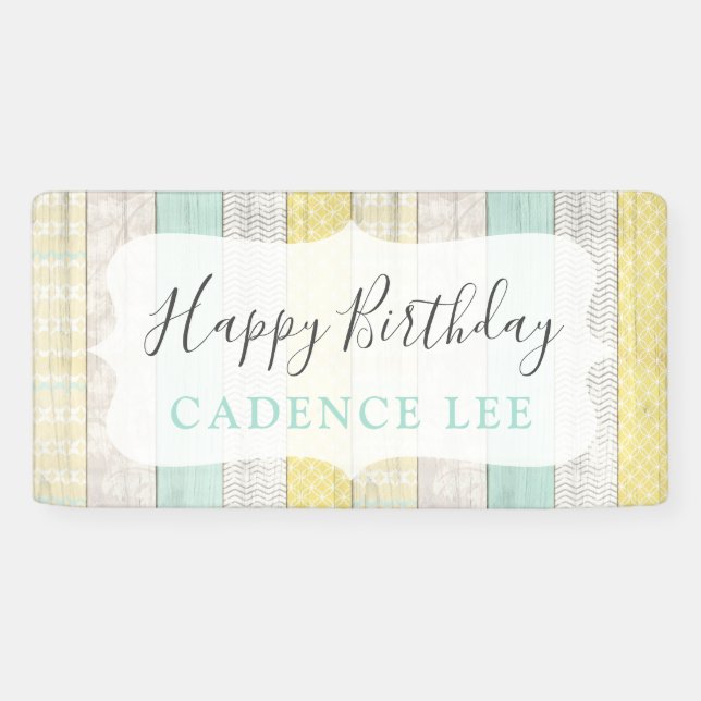 Lona Cumpleaños Feliz de Madera Rústica Amarilla y Ment (Horizontal)