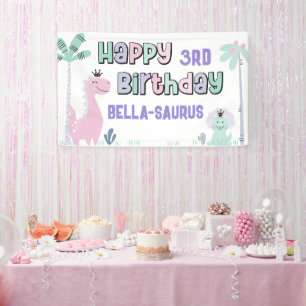 Lona Cumpleaños Feliz Dinosaura Femenina de Cualquier E