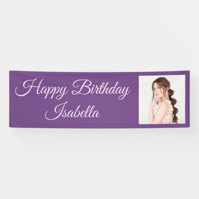 Lona Cumpleaños Feliz Escritura Elegante Morado Foto  (Horizontal)