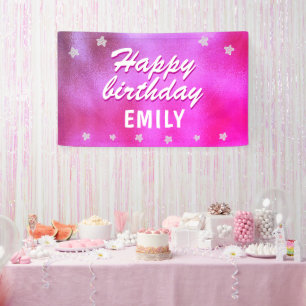 Lona Cumpleaños Feliz Estrella Metalizada Rosa Lindo