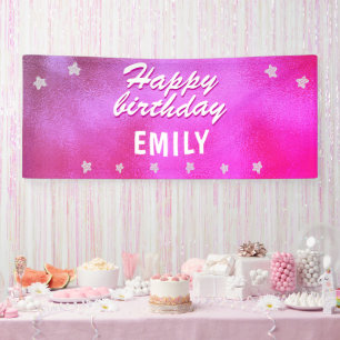 Lona Cumpleaños Feliz Estrella Metalizada Rosa Lindo