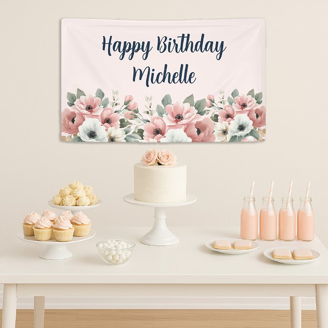 Lona Cumpleaños Feliz Floral Acuarela Blanca Rosa (Elegant pink and white watercolor floral "Happy birthday" banner)