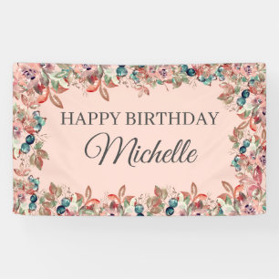 Lona Cumpleaños Feliz Floral Acuarela Rosa Turquesa