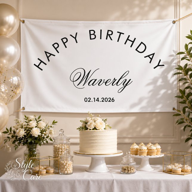 Lona Cumpleaños Feliz Minimalista Clásico Blanco (Minimalist Happy Birthday Classic White Banner)