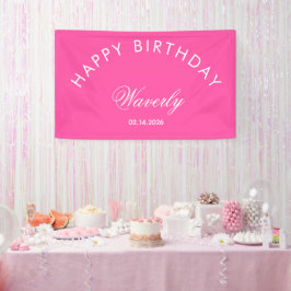 Lona Cumpleaños Feliz Minimalista Rosa Fuerte