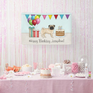 Lona Cumpleaños Feliz Pug Cervato Lindo Dibujo Animado