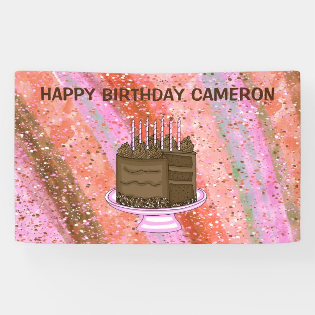Lona Cumpleaños Feliz Rosa y Marrón Personalizado (Horizontal)