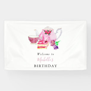 Lona Cumpleaños Fiesta de té Bienvenida acuarela Cuta r