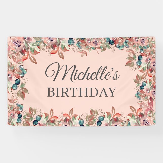 Lona Cumpleaños floral de acuarela rosa y verde (Horizontal)