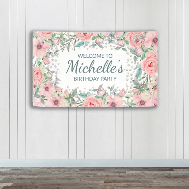Lona Cumpleaños floral de primavera rosa (Blush pink floral custom birthday party banner)