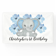 Cumpleaños Flores Elefante Niño Azul Bebé