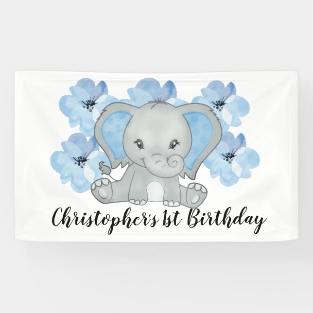 Lona Cumpleaños Flores Elefante Niño Azul Bebé  (Horizontal)