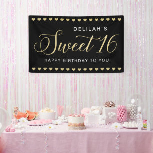 Lona Cumpleaños Glam Black Gold Heart Sweet 16