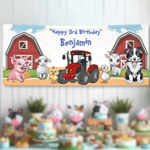 Lona Cumpleaños Granja Animal Granero y Tractor Rojo Fi