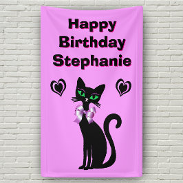 Lona Cumpleaños Hermoso Gato Negro Ojos Verdes Lazo sob