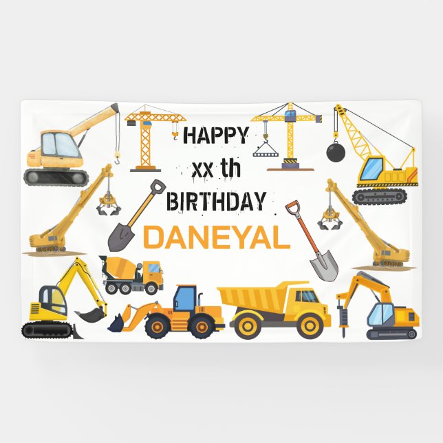 Lona Cumpleaños infantil simple de construcción moderna (Horizontal)