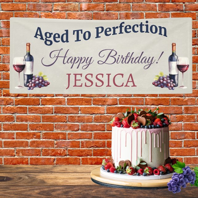 Lona Cumpleaños Moderno Sencillo Elegante (Wine themed ‘Aged to Perfection’ birthday banner with watercolor grapes, wine glass & bottle.)