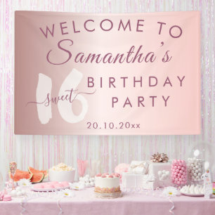 Lona Cumpleaños Moderno Sweet 16 Rosa Metálico
