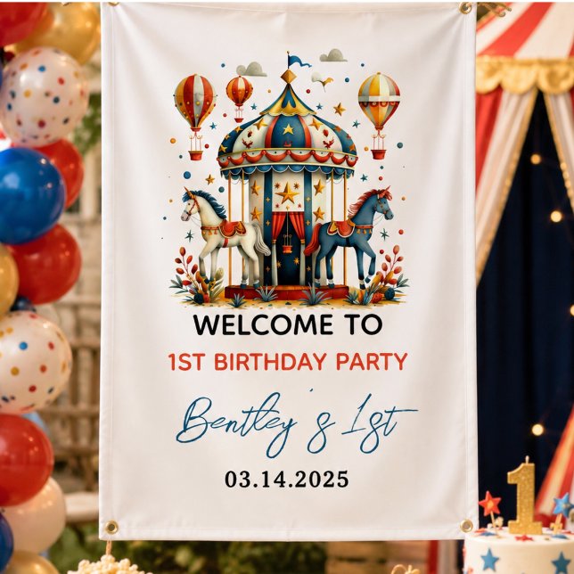 Lona Cumpleaños moderno y lindo de carnaval de circo Fi (Modern Cute Circus Carnival Fiesta First Birthday Banner)