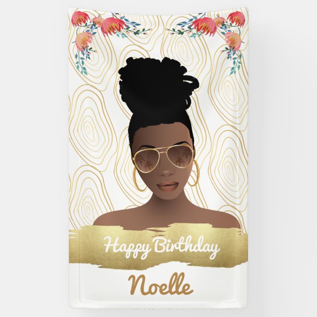 Lona Cumpleaños, mujer negra, oro de las floridas (Vertical)