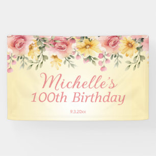 Lona Cumpleaños número 100 de flores rosadas y amarilla