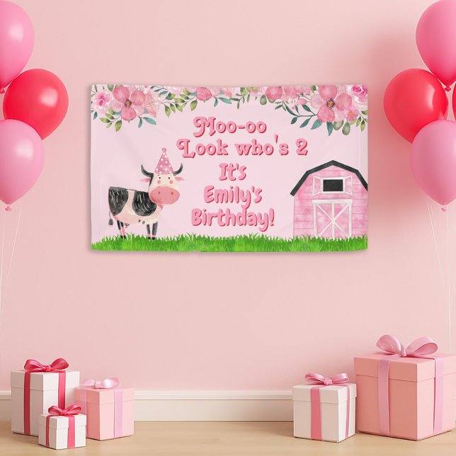 Lona Cumpleaños número 2 de las niñas Rosa Granero de V (Moo--oo Look Who's Two little girl's cow/farm animal birthday banner)
