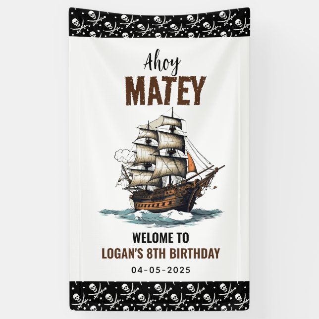 Lona Cumpleaños número 8 del barco del partido pirata ¡ (Vertical)