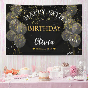 Lona Cumpleaños Personalizado Black & Gold Fiesta Perso