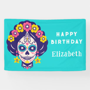 Lona Cumpleaños Personalizado de Cráneo de Azúcar Flora
