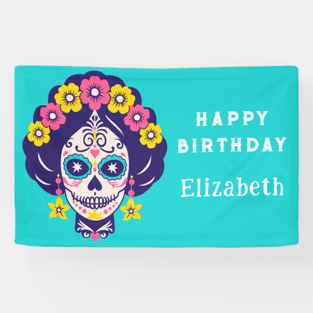Lona Cumpleaños Personalizado de Cráneo de Azúcar Flora (Horizontal)