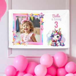 Lona Cumpleaños personalizado de Unicornio y Chica foto
