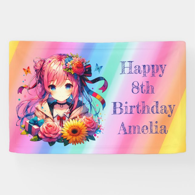 Lona Cumpleaños personalizado del Chica de anime arcoir (Horizontal)
