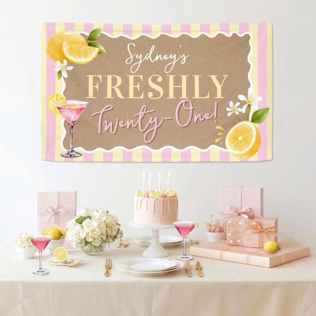 Lona Cumpleaños Rayado de Limones Frescamente Veintiuno (She's Freshly Twenty-One watercolor lemons pink stripes martini female 21st birthday party banner)
